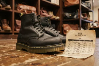 Chaussures Dr. Martens 1460 noires posées sur un parquet avec un guide des tailles UK visible