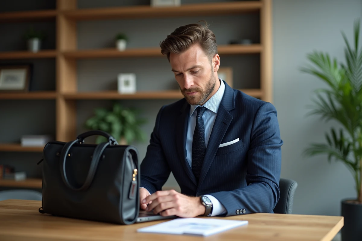 Homme en costume bleu marine avec sacoche en cuir noire posée sur un bureau en bois dans un bureau moderne