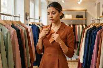 Femme aux tons chauds essayant une robe terracotta dans une boutique de mode parisienne entourée de couleurs tendance 2026