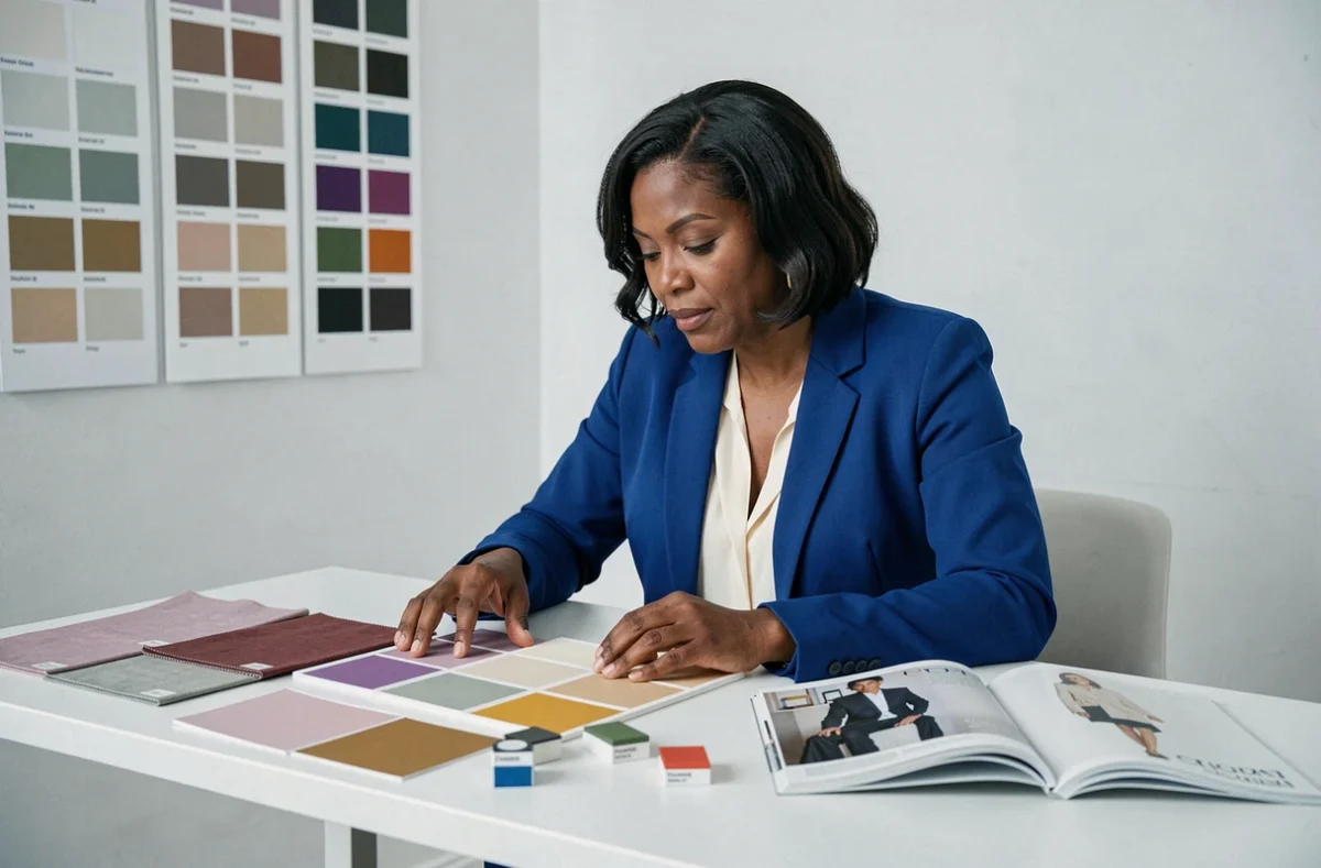 Consultante en image analysant des nuanciers de couleurs tendance 2026 sur une table de stylisme avec tons cobalt et sauge