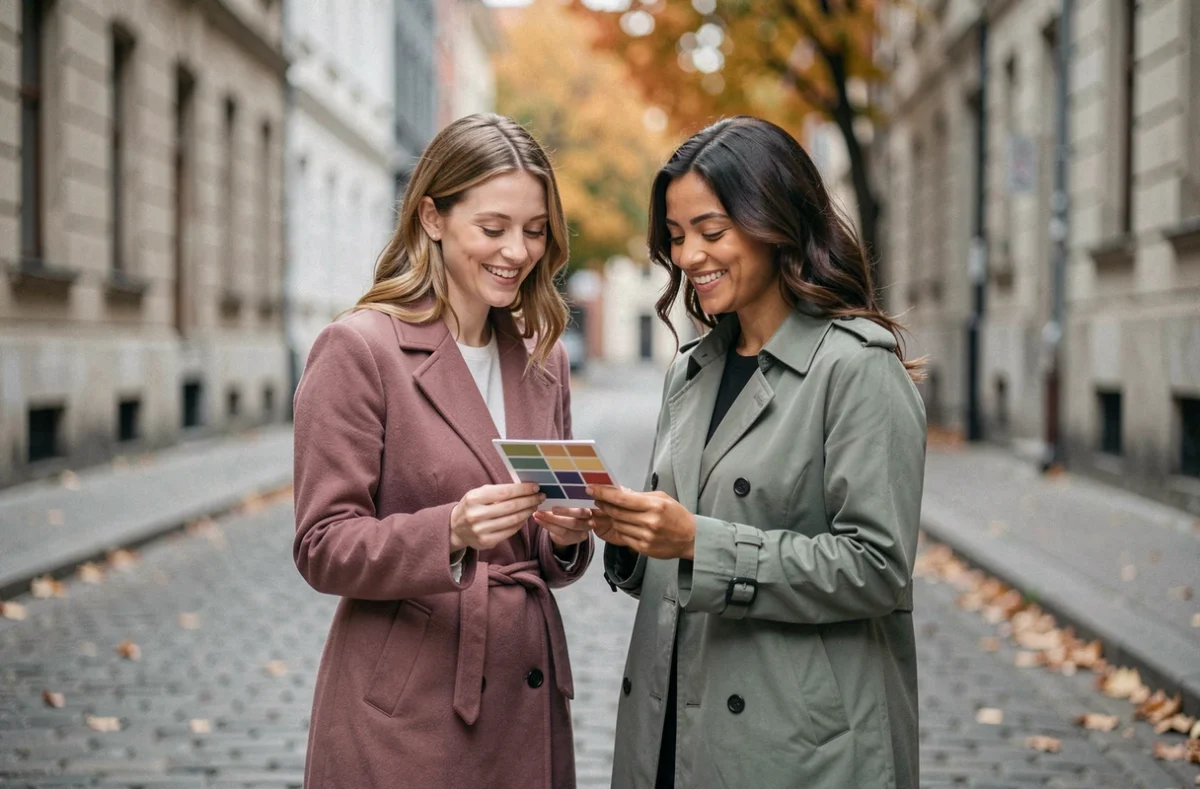 Deux femmes aux morphologies différentes portant des manteaux en couleurs tendance 2026 mauve et sauge dans une rue pavée en automne