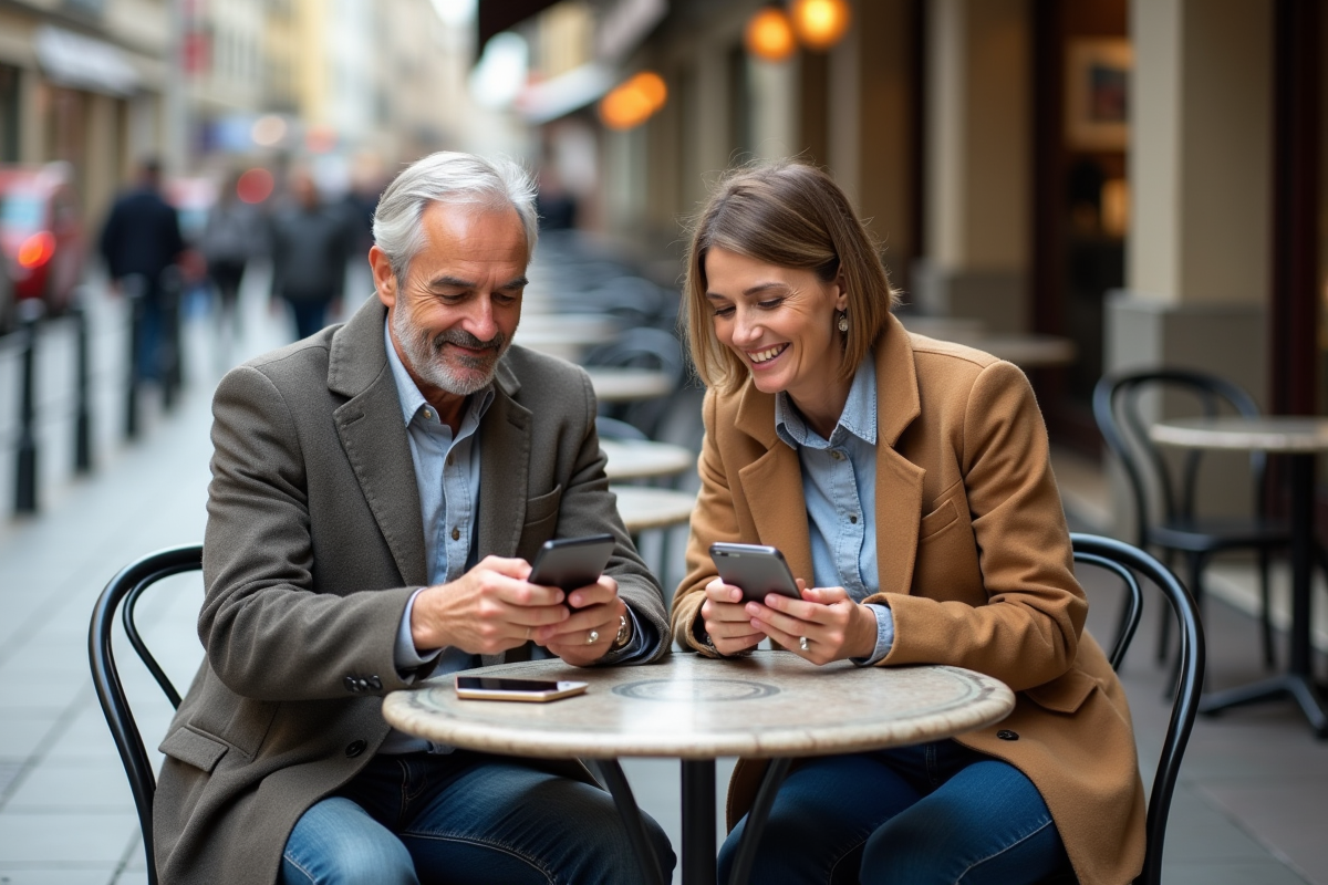 Couple assis au café avec sacs de vêtements d