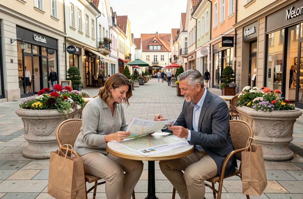 Couple consultant une carte de centre outlet en plein air pour organiser leur journée de shopping