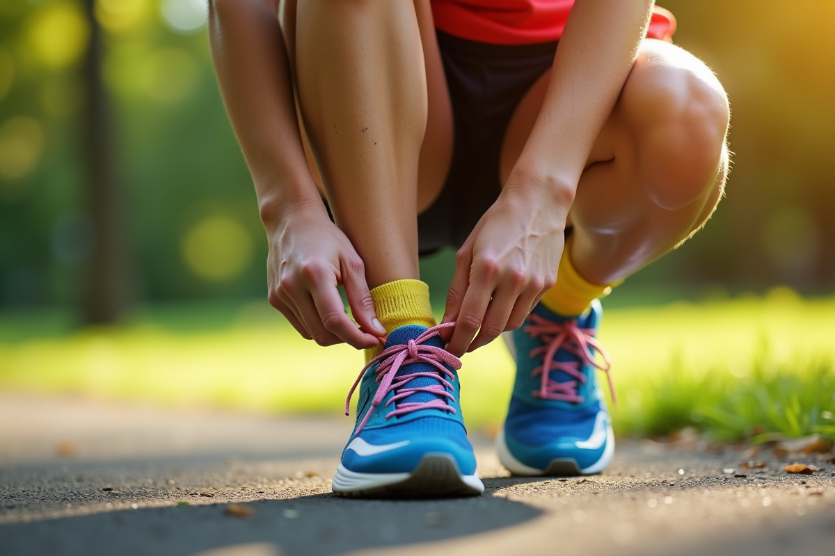 Personne dans un parc en train de lacer ses chaussettes vives