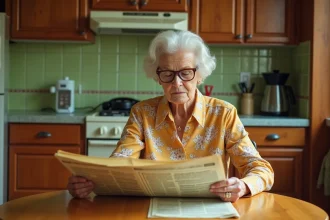 Femme âgée dans une cuisine des années 70 lisant un journal imprimé, décor vintage en vert avocat et bois, téléphone à cadran visible
