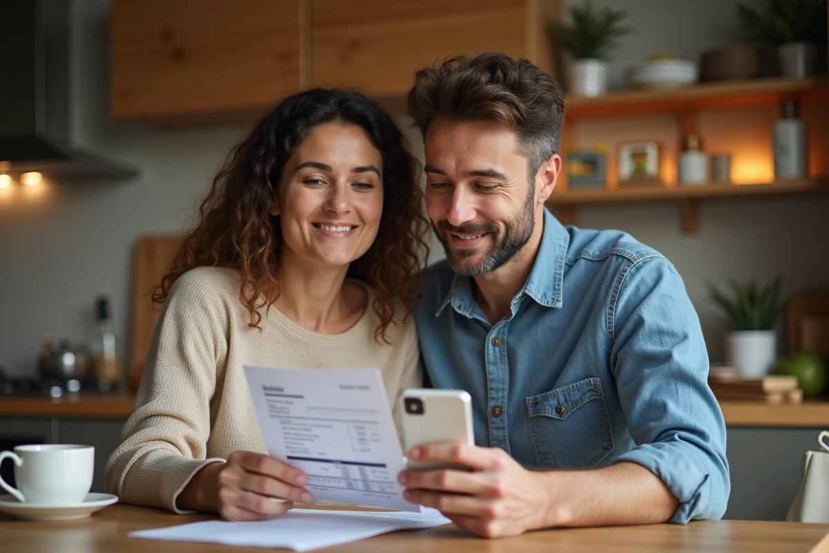 Couple vérifiant leurs points de fidélité Armor Lux Intermarché à la maison sur smartphone et relevé papier