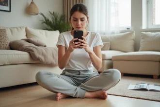 Jeune femme débutante photographiant ses pieds avec un smartphone dans un appartement minimaliste, illustrant les premières étapes de la vente de photos de pieds en ligne