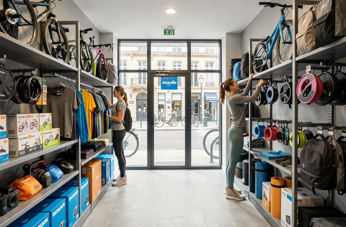 Intérieur du Decathlon City à Lille format urbain compact avec rayons de sport denses et vue sur la rue