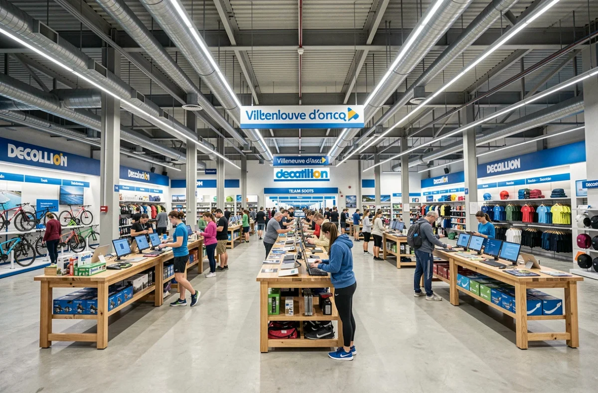Intérieur du Decathlon Villeneuve d'Ascq Campus avec ses grands rayons sportifs et ses clients en train de faire leurs achats