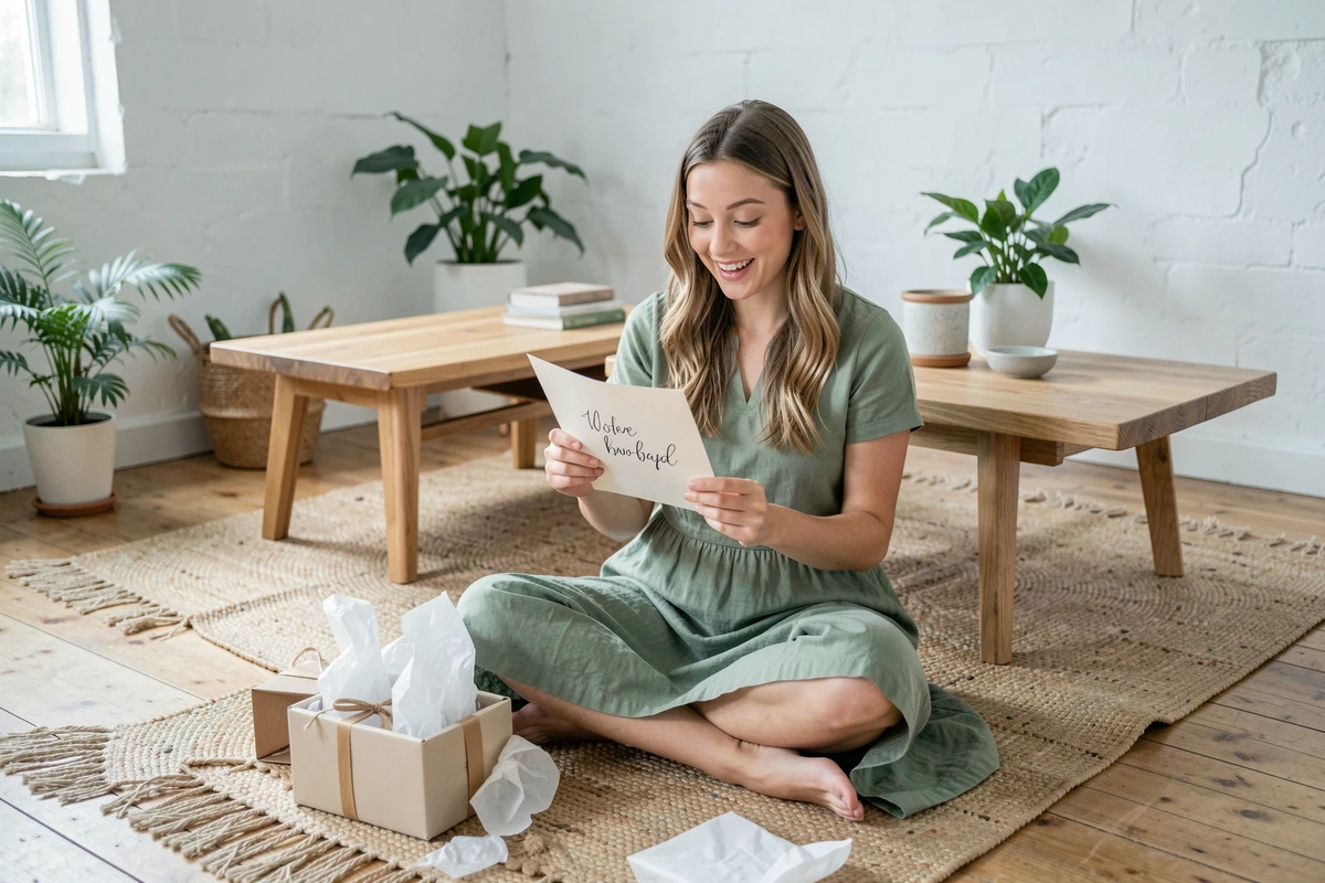 Jeune femme découvrant un cadeau personnalisé avec émotion dans un salon moderne et lumineux