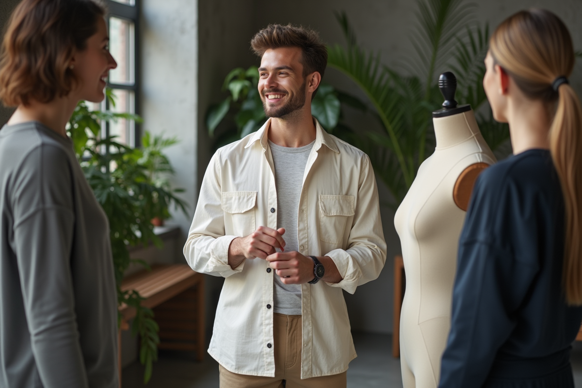 Jeune designer présentant un vêtement sur mannequin