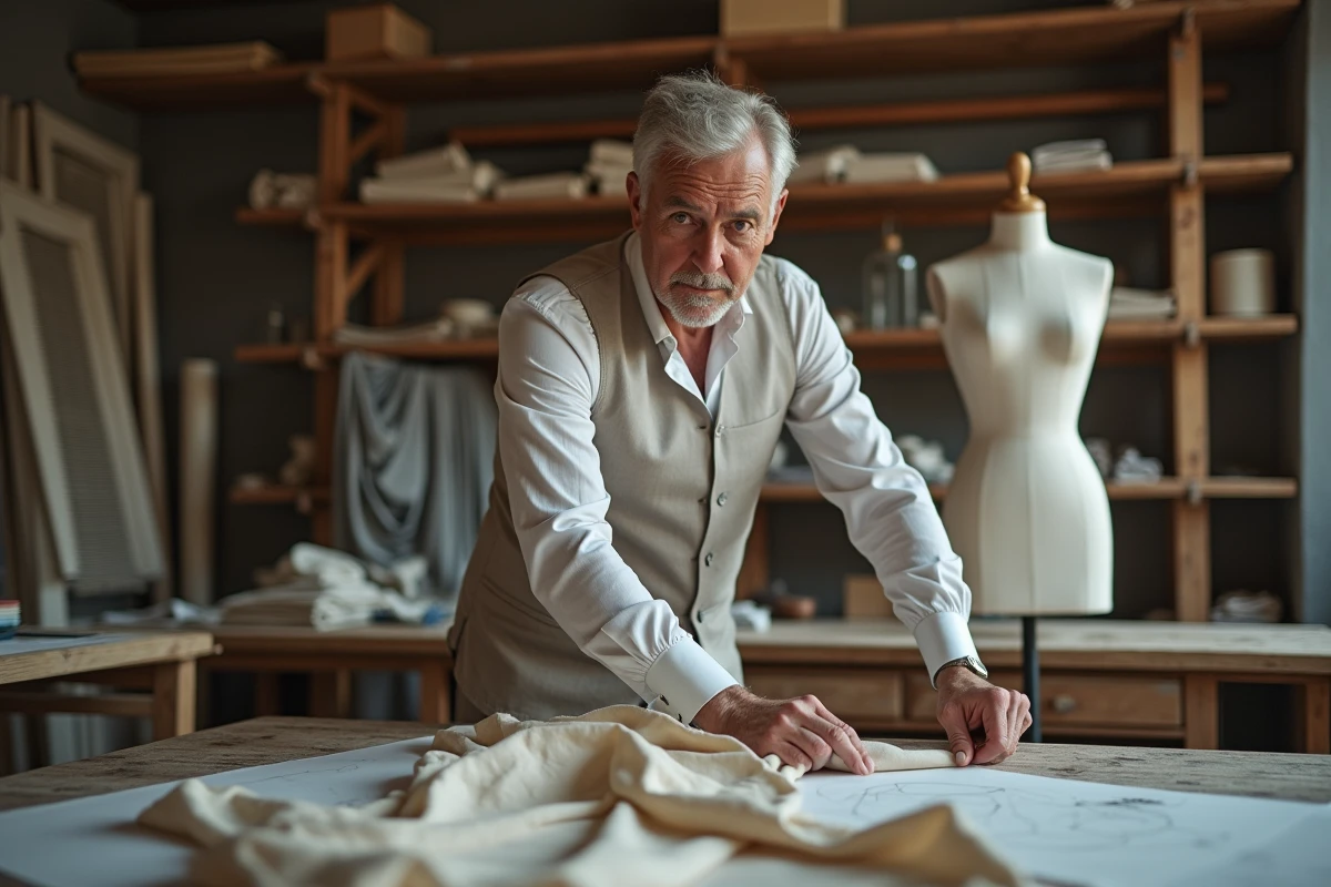 Designer mode en atelier avec tissus et croquis