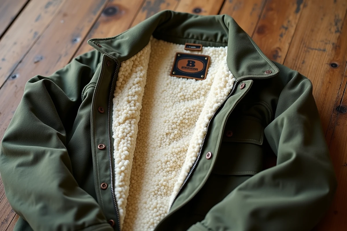 Gros plan sur la doublure sherpa intérieure d'une veste de travail professionnelle en toile canvas