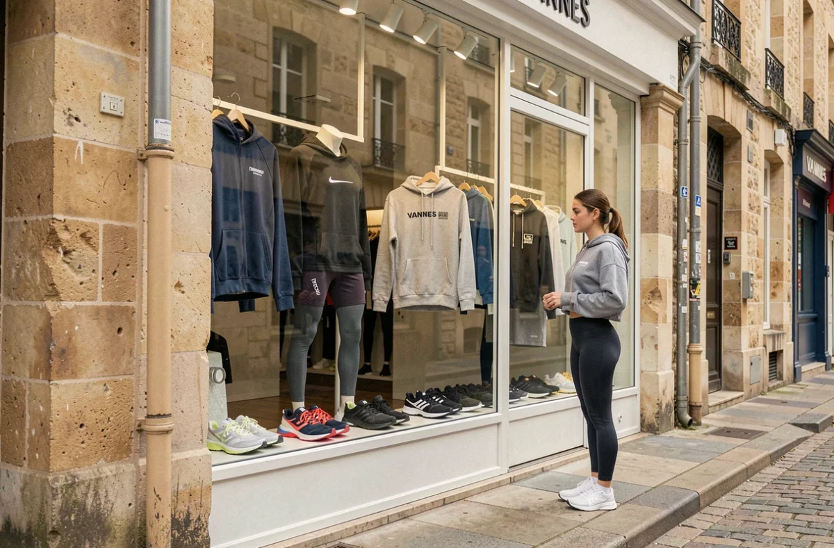 Devanture de la boutique Écume de Mer à Vannes avec vitrine sportswear streetwear et jeune cliente devant la boutique