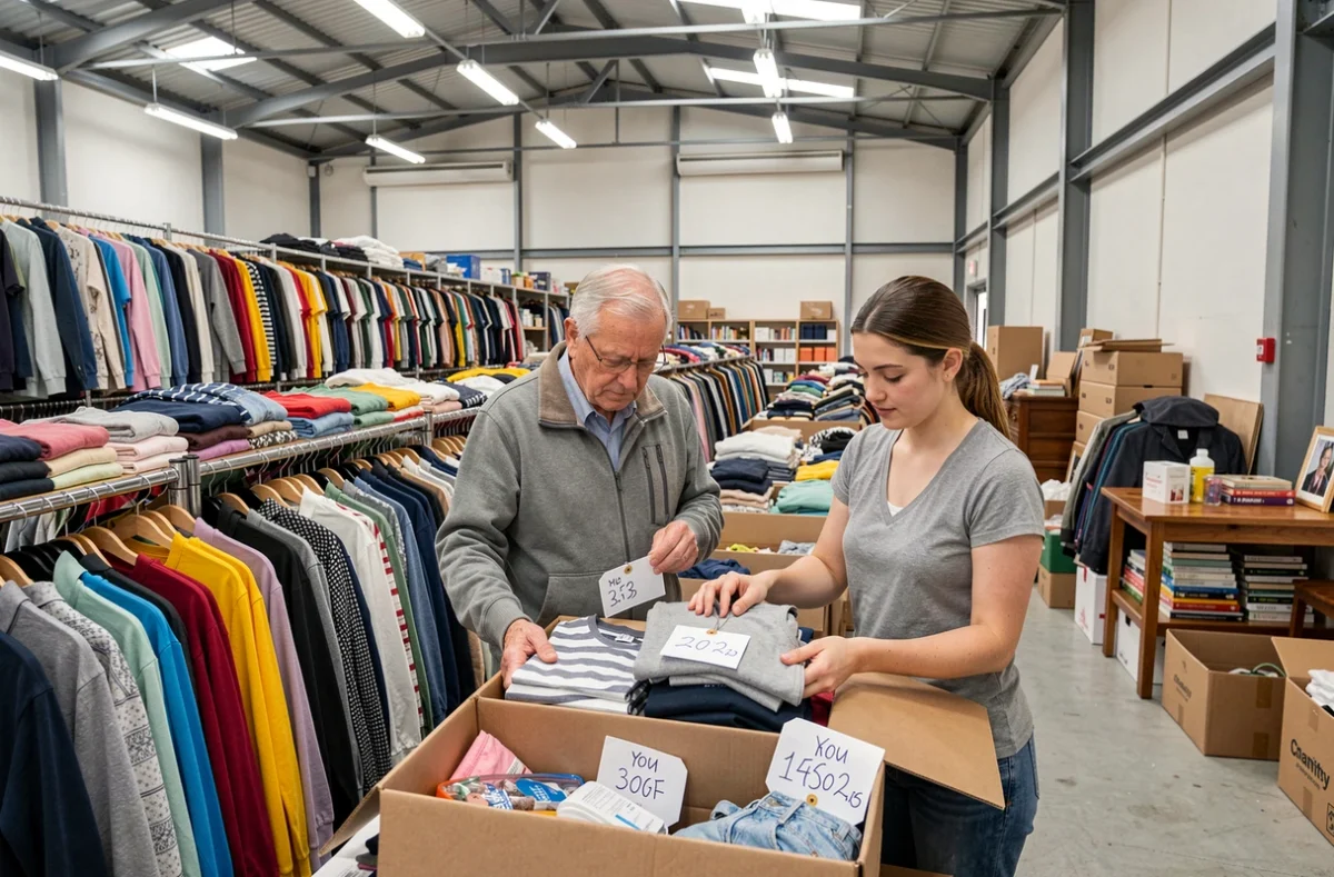 Boutique Emmaüs avec de longues rangées de vêtements triés par couleur et des bénévoles classant des donations