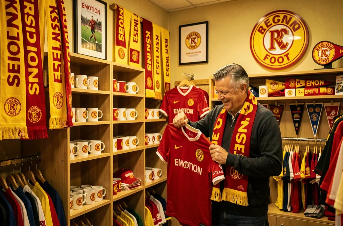 Boutique officielle Emotion Foot du RC Lens avec maillots jaunes et rouges, écharpes et merchandising officiel du club