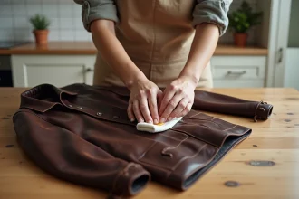 Femme appliquant un baume naturel à la cire d'abeille sur un blouson en cuir marron posé sur une table en bois