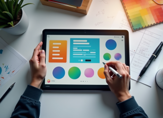 Espace de travail d'un designer avec tablette et croquis