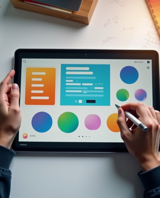 Espace de travail d'un designer avec tablette et croquis