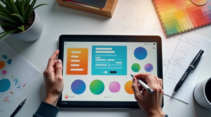Espace de travail d'un designer avec tablette et croquis