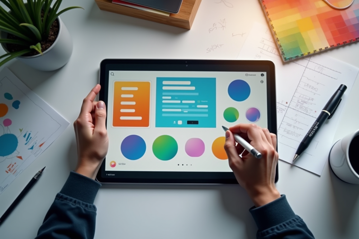 Espace de travail d'un designer avec tablette et croquis
