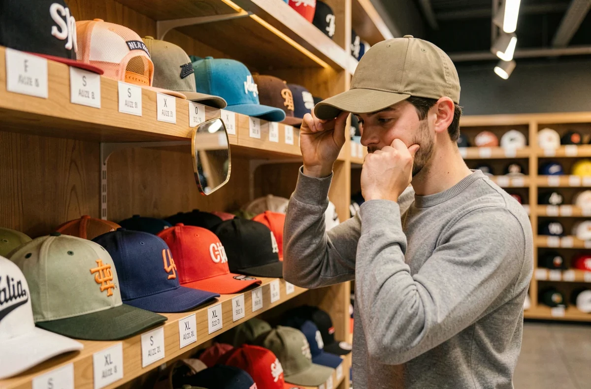 Jeune homme essayant différentes casquettes dans un magasin de sport pour trouver la taille idéale
