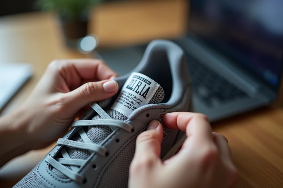 Mains tenant une chaussure Nike pour lire l'étiquette intérieure avec le code UPC et les informations de taille