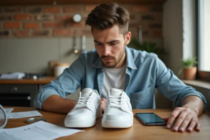 Homme examinant de près une paire de Nike potentiellement contrefaite posée sur une table en bois, avec reçu et loupe visibles