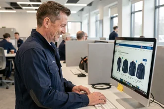 Facteur masculin consultant le portail en ligne Mon espace habillement La Poste sur un ordinateur de bureau dans un open space professionnel