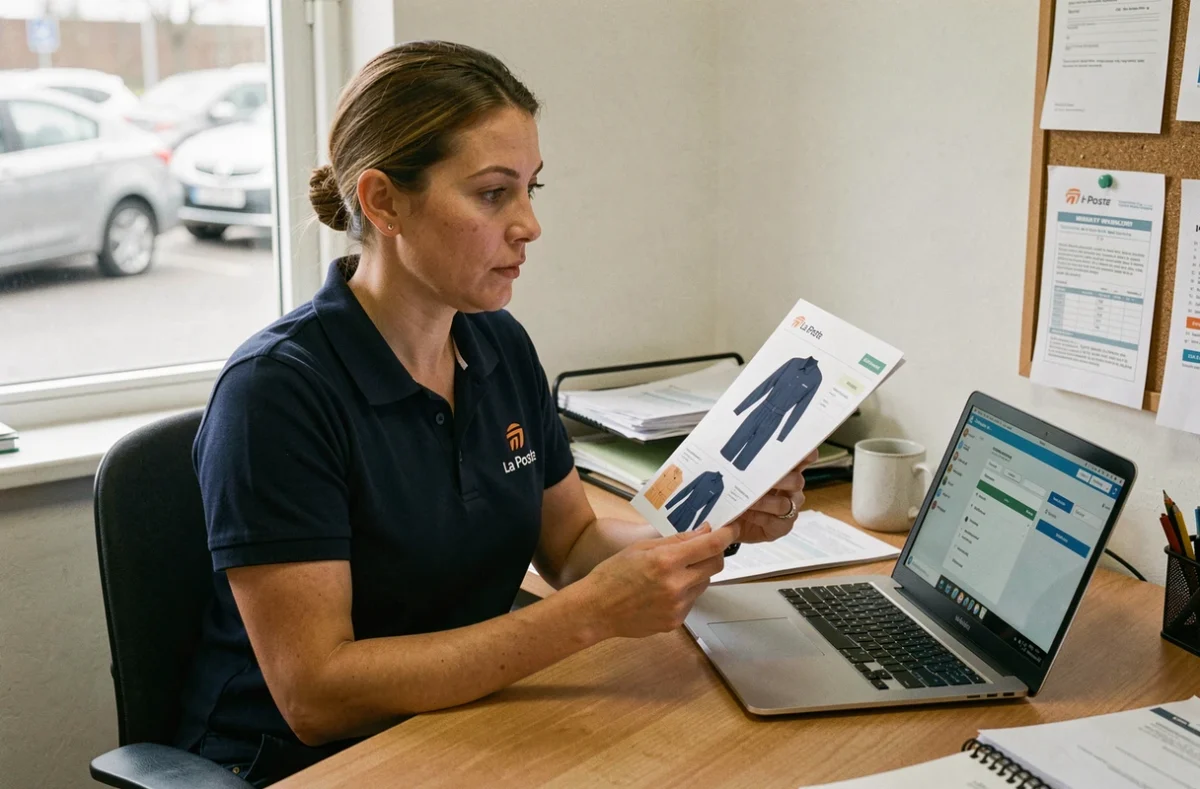 Factrice comparant le catalogue papier et le portail numérique du service habillement La Poste sur son lieu de travail