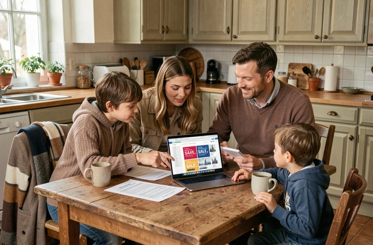 Famille française réunie autour de la table pour planifier leurs achats pendant les soldes d'hiver 2026, avec budget et promotions en ligne