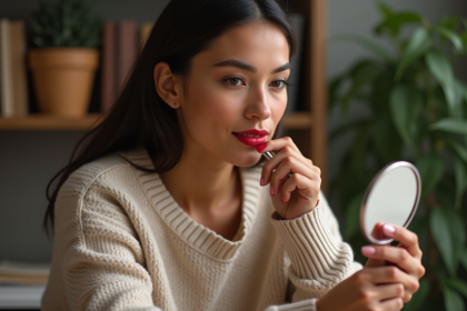 Femme appliquant un rouge &agrave; l&egrave;vres rouge dans un int&eacute;rieur cosy