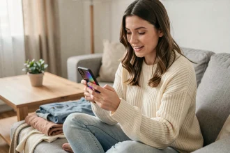 Jeune femme consultant l'application Vinted sur son smartphone le week-end pour profiter des frais de port gratuits