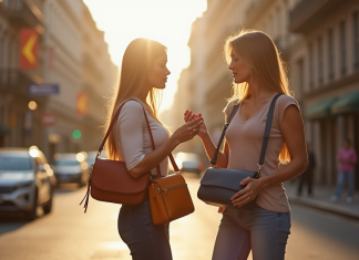 Femme élégante tenant deux sacs banane en ville