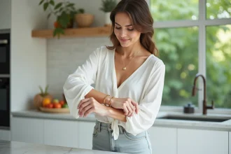 Femme élégante portant une bague en or dans une cuisine moderne
