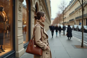 Femme élégante devant une boutique de luxe Avenue Montaigne à Paris lors d'un week-end shopping