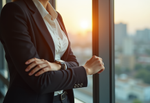 Femme élégante vérifiant l'heure avec une montre moderne
