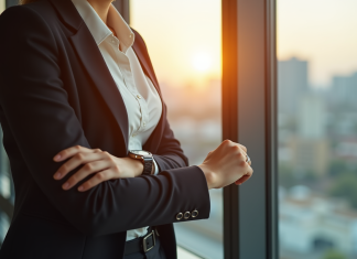 Femme élégante vérifiant l'heure avec une montre moderne