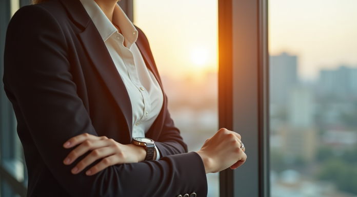 Femme élégante vérifiant l'heure avec une montre moderne