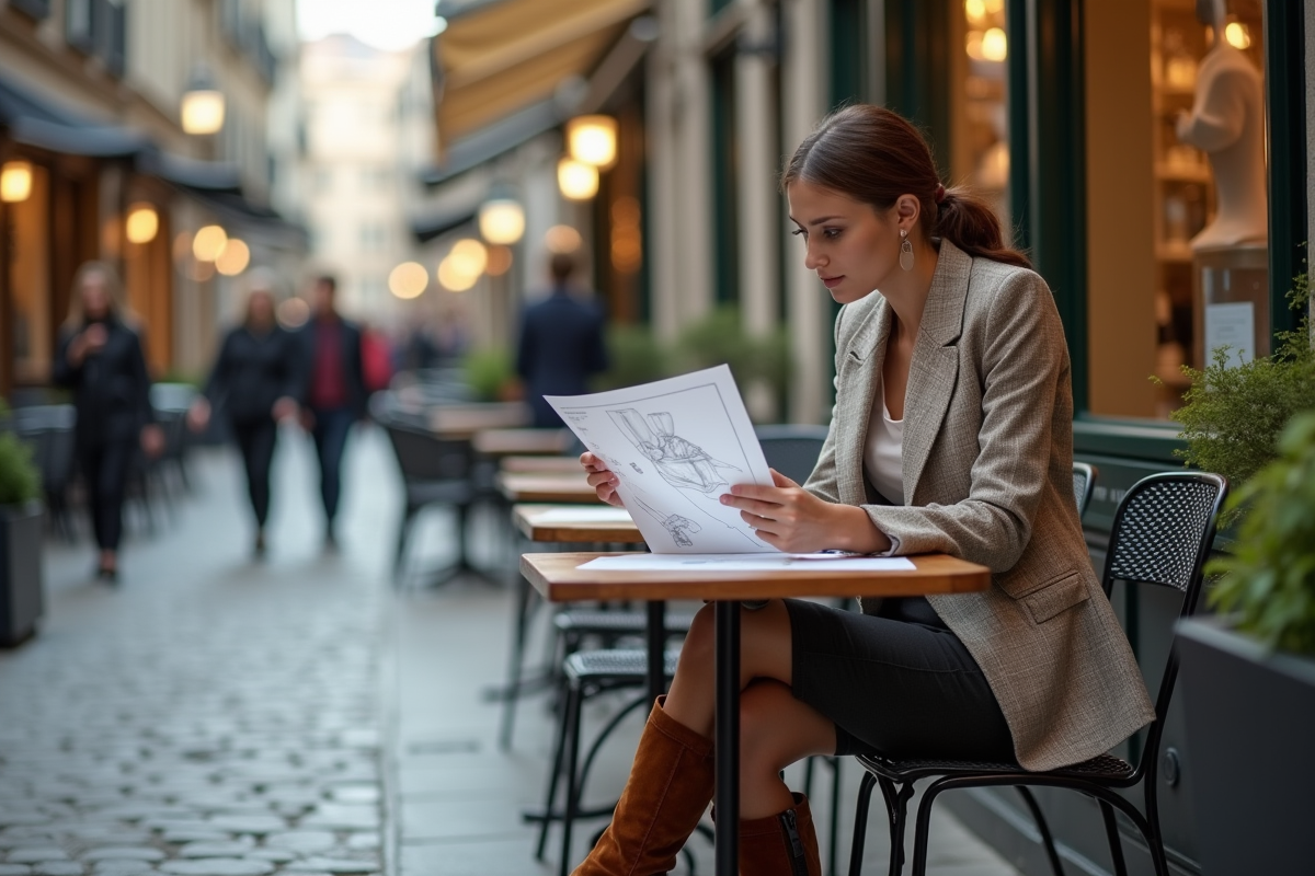 Femme stylée au café en ville avec croquis