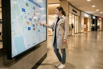 Femme consultant une carte interactive dans un centre outlet moderne pour planifier ses achats