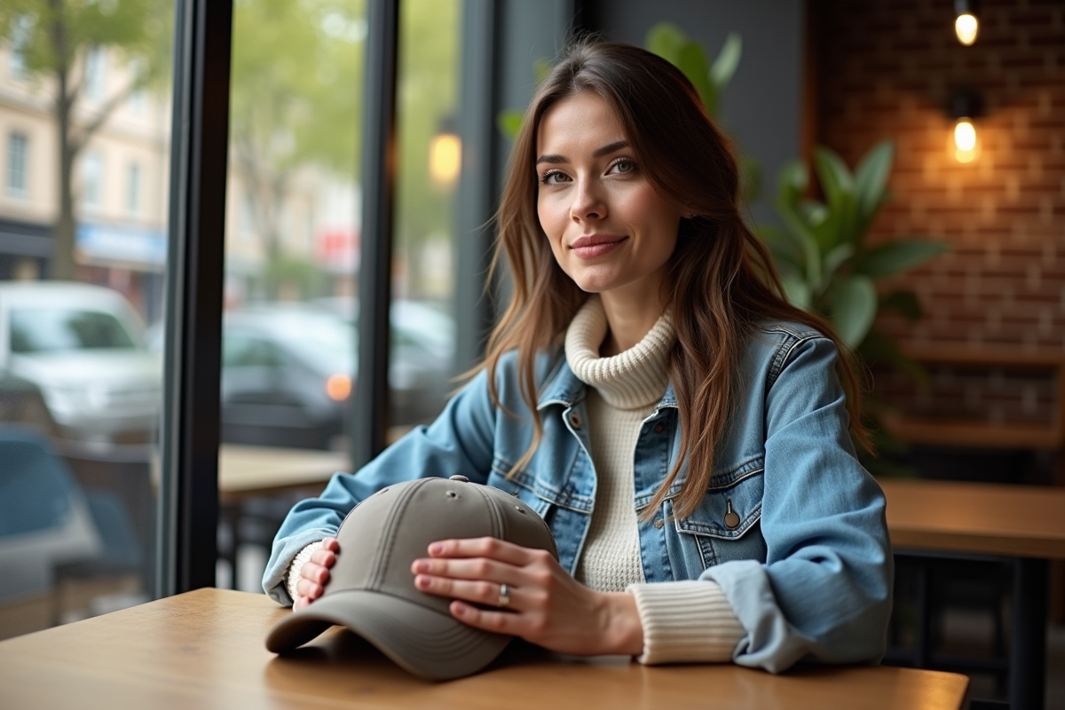 Femme tenant une casquette dans un café cosy