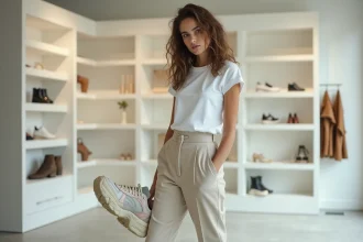 Jeune femme portant une chaussure Balenciaga Triple S dans un concept store minimaliste, regard sceptique et expression amusée