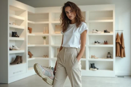 Jeune femme portant une chaussure Balenciaga Triple S dans un concept store minimaliste, regard sceptique et expression amusée