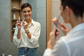 Femme moderne se coiffant devant miroir dans salle de bain