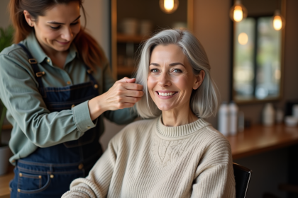 Femme souriante avec coiffure chic dans un salon de coiffure