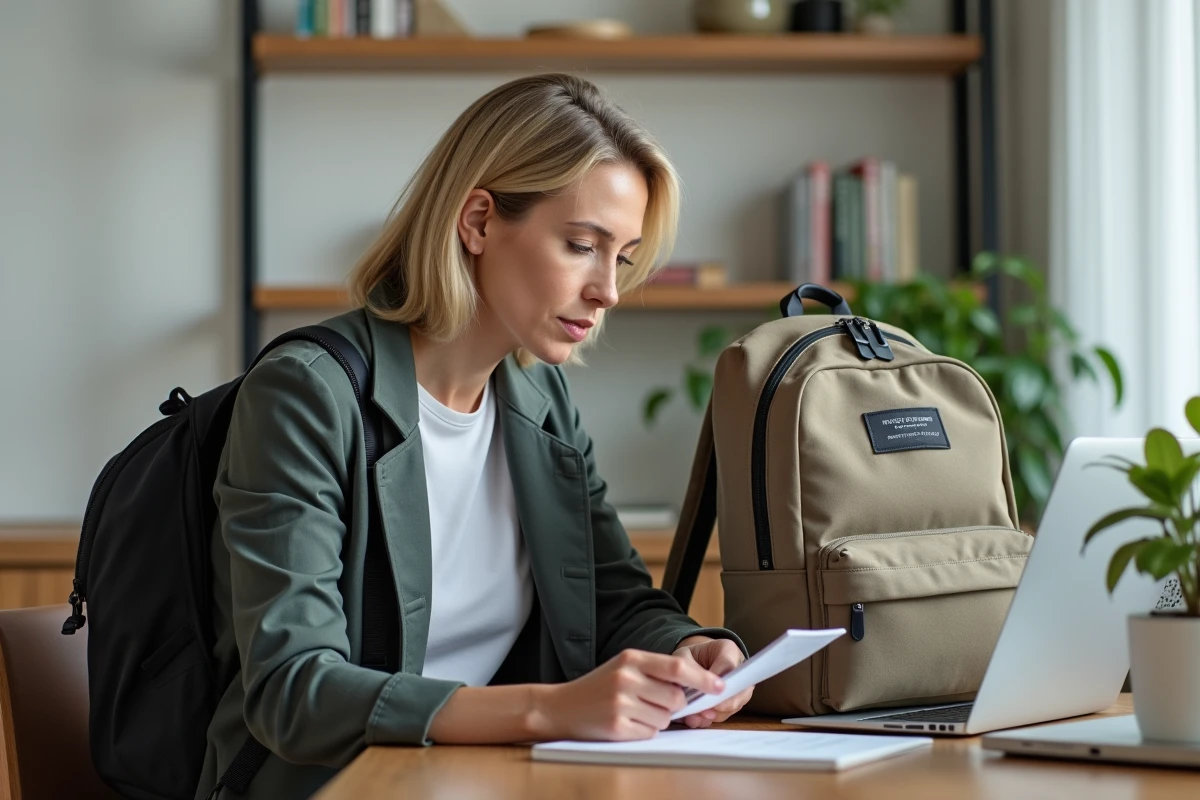 Femme analyse deux sacs à dos dans un intérieur moderne