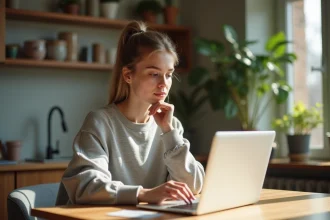 Jeune femme lisant des avis clients dans une cuisine lumineuse