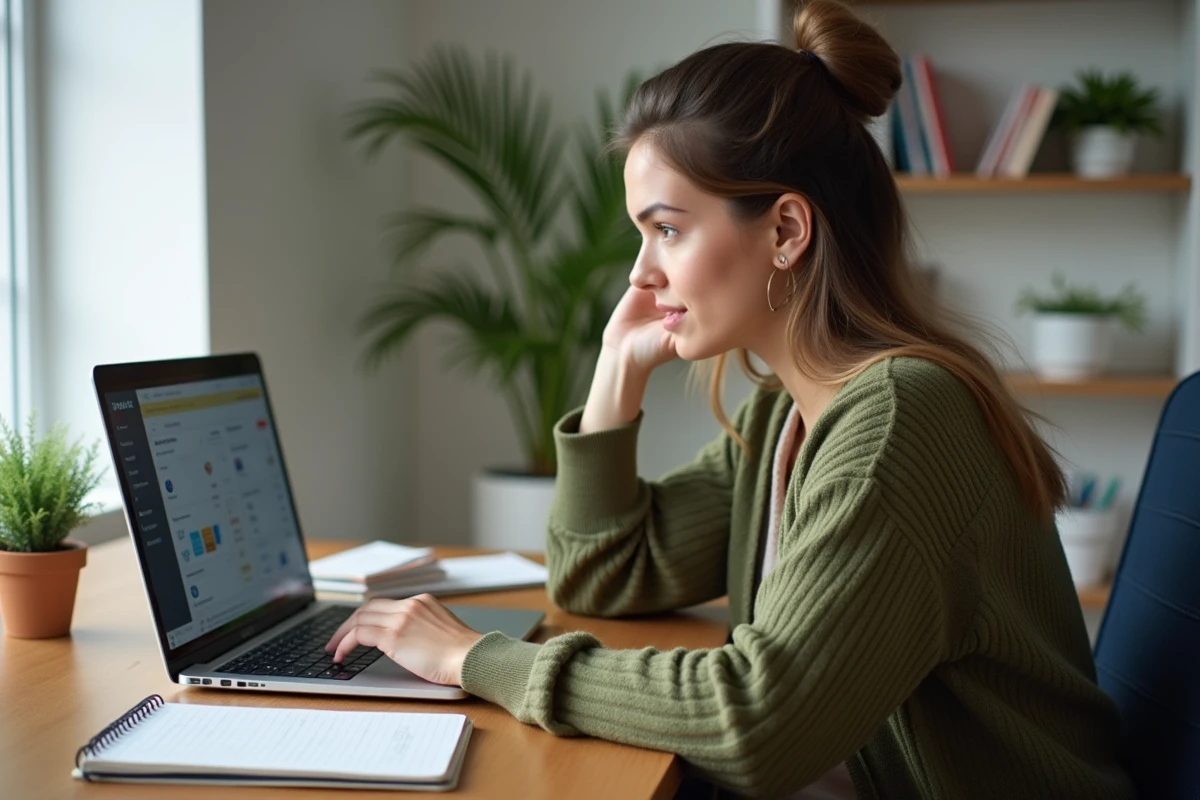 Femme débutante consultant son ordinateur portable pour comprendre les erreurs à éviter lors de la vente de photos de pieds sur internet, assise à un bureau domestique
