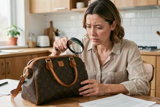 Femme examinant attentivement un sac à main monogramme marron pour détecter une contrefaçon Louis Vuitton à la loupe